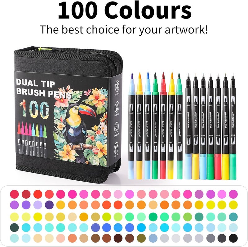 TOSHARE Dual Tip Markers, Brush Art Markers Set with Fine Tip and Brush Tip for Adult Coloring Book, Hand Lettering, Calligraphy & Drawing, Professional Art Supplies Kit for Adults (100 Colors) - Image 2